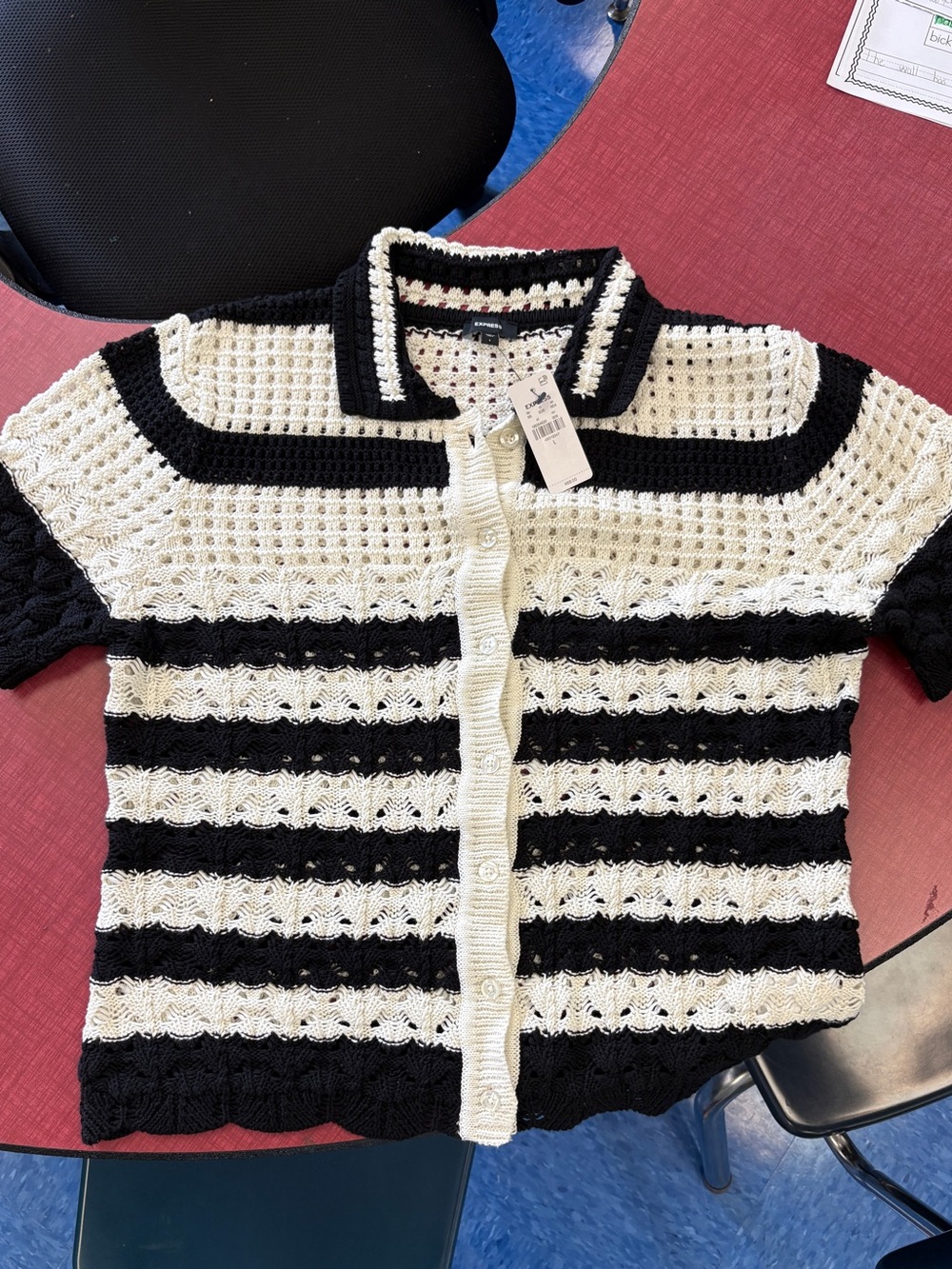 Expeess Black & Cream Crocheted Button-Up Short Sleeve Top